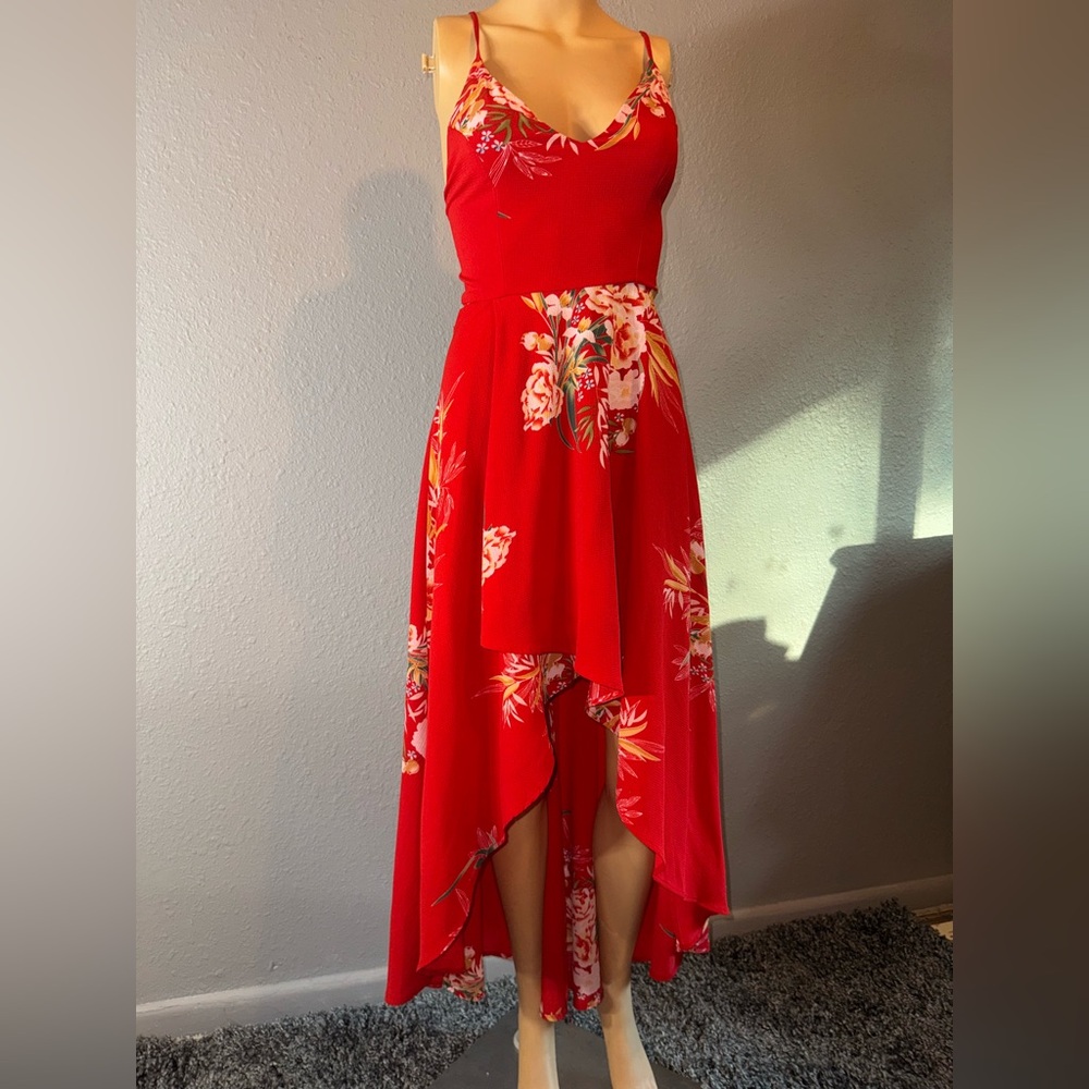 Chic Red Floral High-Low Dress
